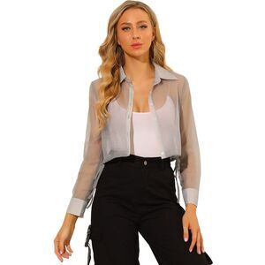 See Through Top Long Sleeve Cropped Mesh Sheer Jacket Gray